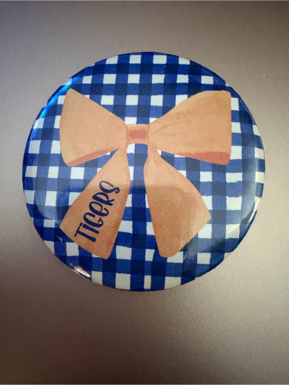 Blue Gingham Button Pin with Orange Bow - Tigers